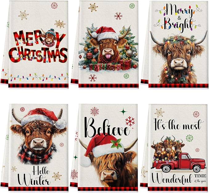 Preboun 6 Pcs Christmas Kitchen Towels Highland Cow Decorative Hand Towels Red Black Plaid Hello Winter Merry Christmas Dish Cloth Farmhouse Tea Cloth Kitchen Accessories Bathroom Decor