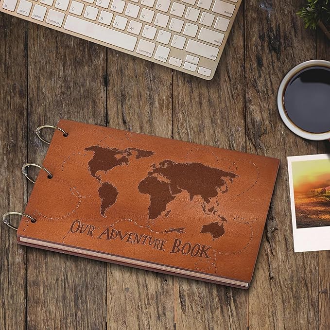 Adventure Book 3D Wooden Cover Scrapbook Photo Album 11.92 x 7.62"Timeless Memory Journal for Unforgettable Adventures&Precious Moments-Ideal for Anniversaries,Travel & Couple Gifts (3D Map Style)