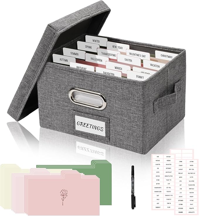 Hiwhy Greeting Card Storage Box, Linen Storage Box with 16 Adjustable Dividers, 84 Labels, 1 Marker Pen, Perfect for Organizing Greeting Cards, Envelopes, Photos 1 Pack Grey