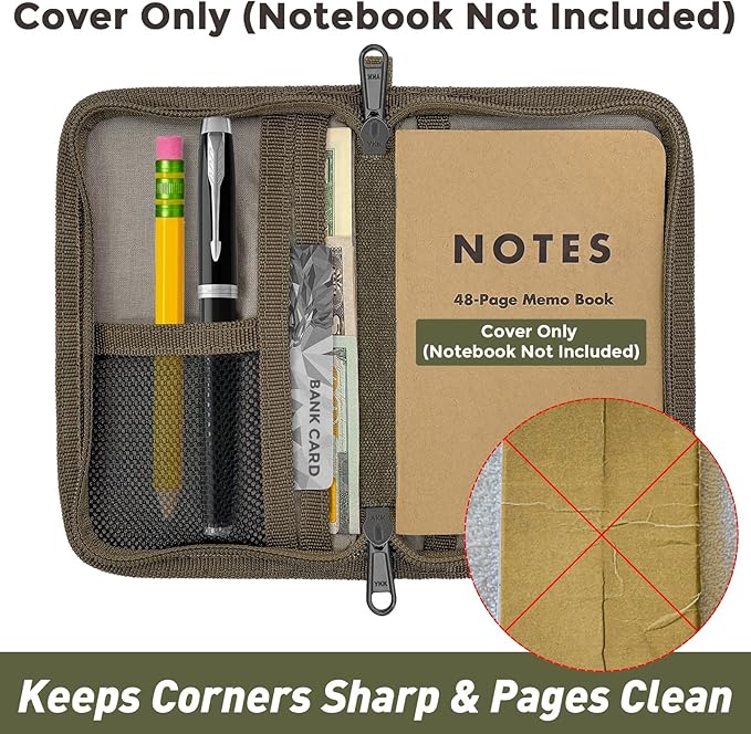 Journal Cover for Field Notes & Moleskine Cahier with YKK Zipper, 3.5"x5.5" Waxed Canvas Notebook Cover with Pen Holder, Water Resistant Travel Planner Cover for Daily Use