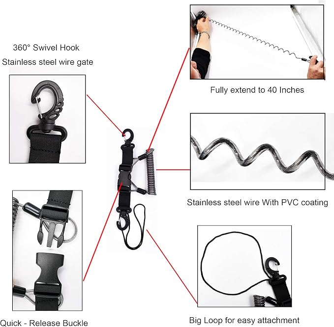YYST One Stainless Steel Scuba Diving Lanyard Stainless Steel Spring Coiled Lanyard with Quick Release Buckle for Cameras and Dive Lights
