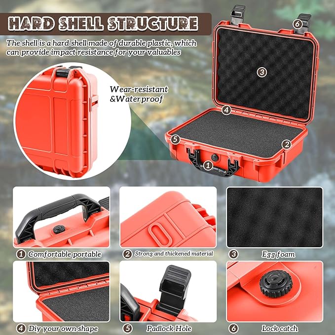 Relaxweex 1 Pcs 8.5 x 6.5 x 3.7 Inch Waterproof Hard Case with DIY Customizable Foam Insert Portable Protective Case with Knife for Camera Drones Equipments Tools Test Instruments (Reddish Orange)