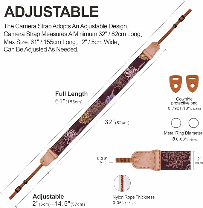 Padwa Lifestyle Camera Strap - 2" Cowhide Leather Head Cotton Camera Straps for Photographers,Vintage Print Purple Daisy Japanese Art Neck & Shoulder Adjustable Strap for DSLR SLR Mirrorless Cameras