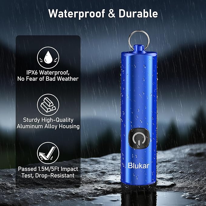 Blukar Rechargeable EDC Flashlight, Mini Keychain Flash Light with 3 Lighting Modes, Memory Function, Waterproof, Compact and Portable Pocket Light for Everyday Carry, Emergency,Camping-Blue