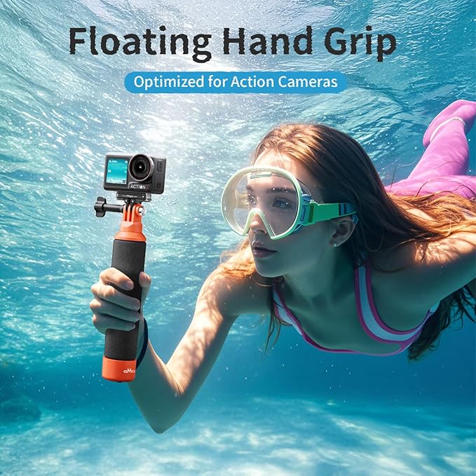 Floating Hand Grip for Insta360/DJI/GoPro Action Cameras with Adjustable Wrist Strap, 3-Claw & 1/4" Screw Mounts, Bright Orange Float