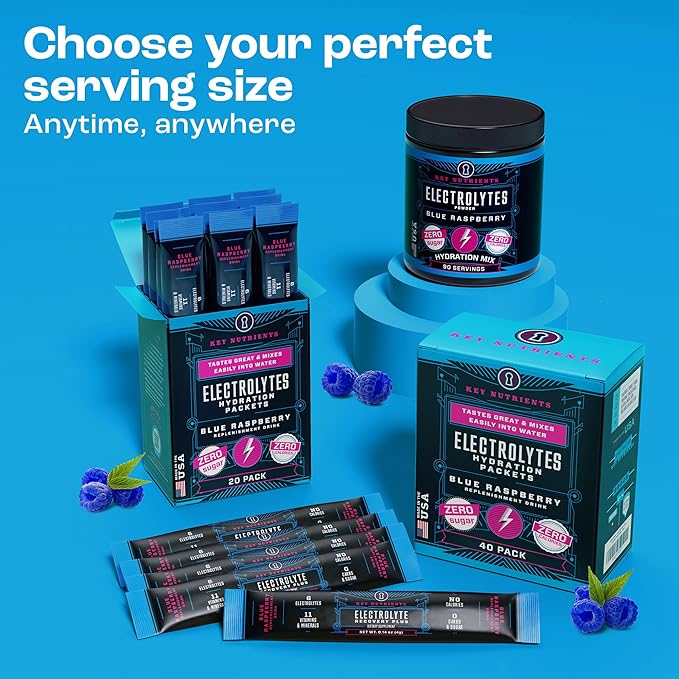 KEY NUTRIENTS Electrolytes Powder Packets 20 Pack - No Sugar, Delicious Blue Raspberry, Hydration Packets with Electrolyte Powder for Refreshing Electrolyte Drink Mix Packets - Zero Calories