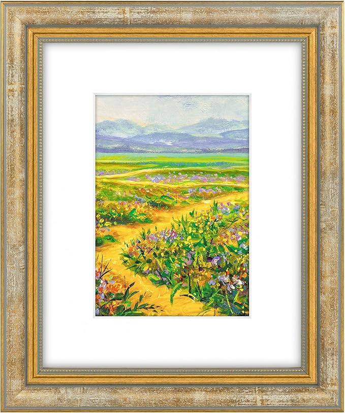 Golden State Art,8x10 Ornate Picture Frame for 5x7 Photo with Mat or 8 x 10 Prints without Mat, Real Glass Wall & Tabletop Display Horizontally or Vertically (Color:Vintage Gold)