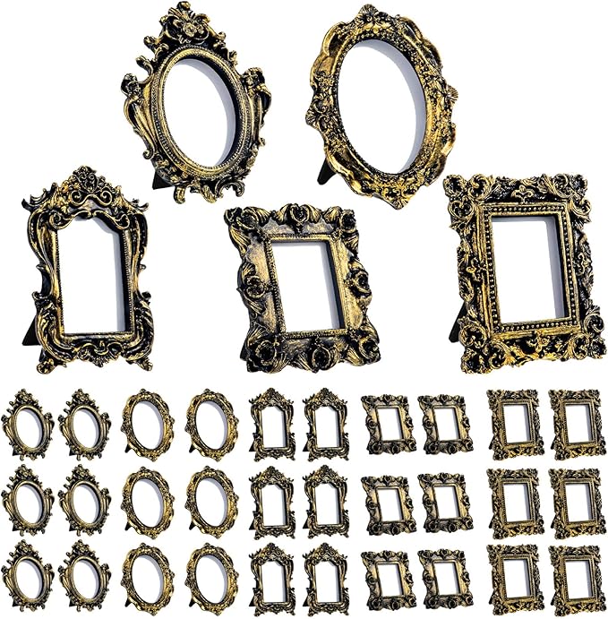 Maitys 30 Pcs Mini Picture Vintage Frames with Stands Tiny Antique Photo Baroque Ornate Resin Oval Frame Table Top Display Home Wedding Decor (Black Gold)