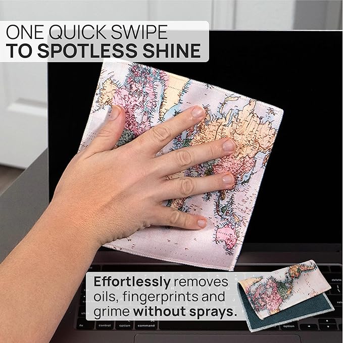 Quick Cloth Microfiber Glasses Cleaning Cloths – 8x8, World Map, 1 Pack with Case | Double-Sided Lens Cleaner for Eyeglasses, Camera, Screens & Glass | Reusable Microfiber Glass Polishing Cloths