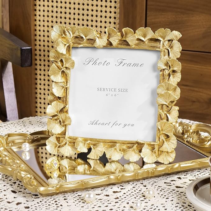 Cuspin 6x6 Picture Frame Vintage Gold Frames, Gold Ornate Leaf Textured Hand-Crafted Resin with Glass Front Antique Photo Frame for Tabletop Display, Retro Design Home Decor