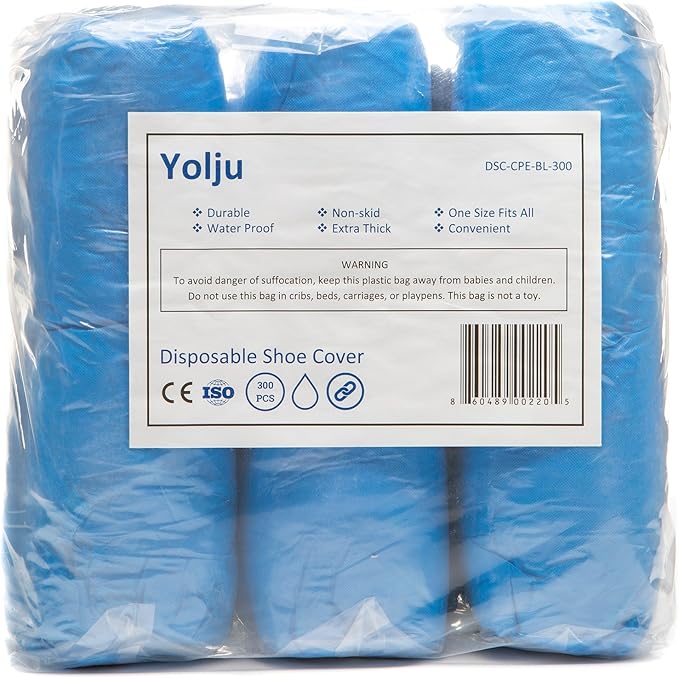 Yolju 300 Pack Disposable Shoe Covers with a Bonus Small Storage Box | Waterproof, Durable CPE Material