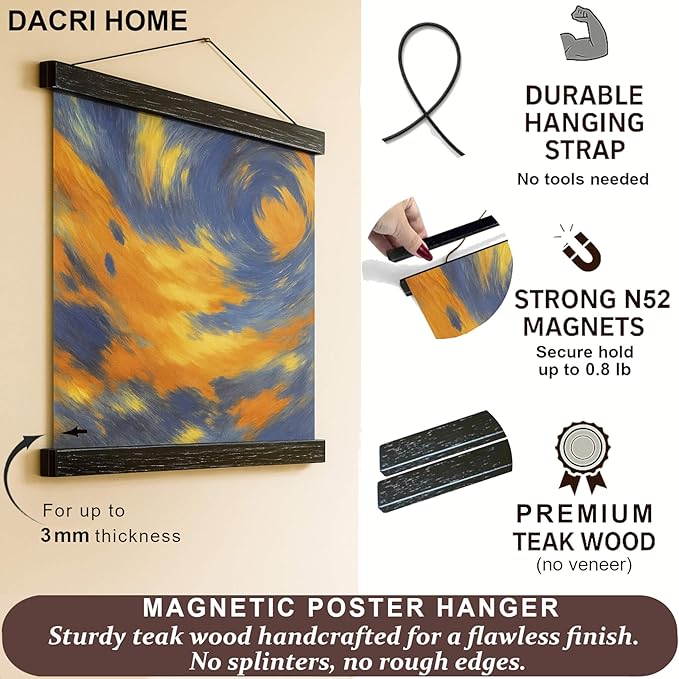 16" Sturdy Magnetic Poster Hanger Frame,Wooden Poster Frame 16x20 16x22 16x24, Solid Teak Wood, Strong Magnets for Easy Hanging Posters, Pictures, Canvas Scroll (16 Inch/40.6cm, Black)