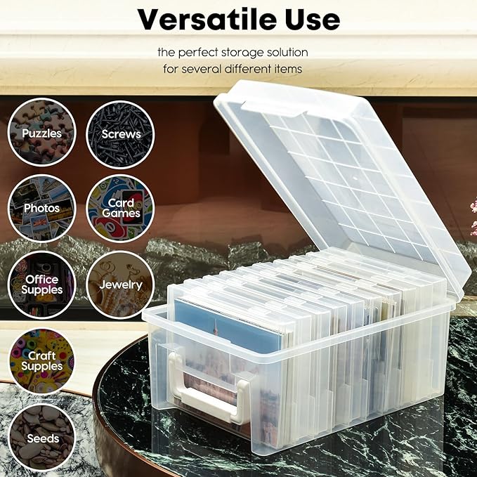 ALINK Photo Storage Box 5 x 7 In Photo Case, 10 Inner Large Photo Keeper, Clear Photo Storage Container, Seed Craft Cards Pictures Organizer, Plastic Office Organizer with 1 Label Sticker