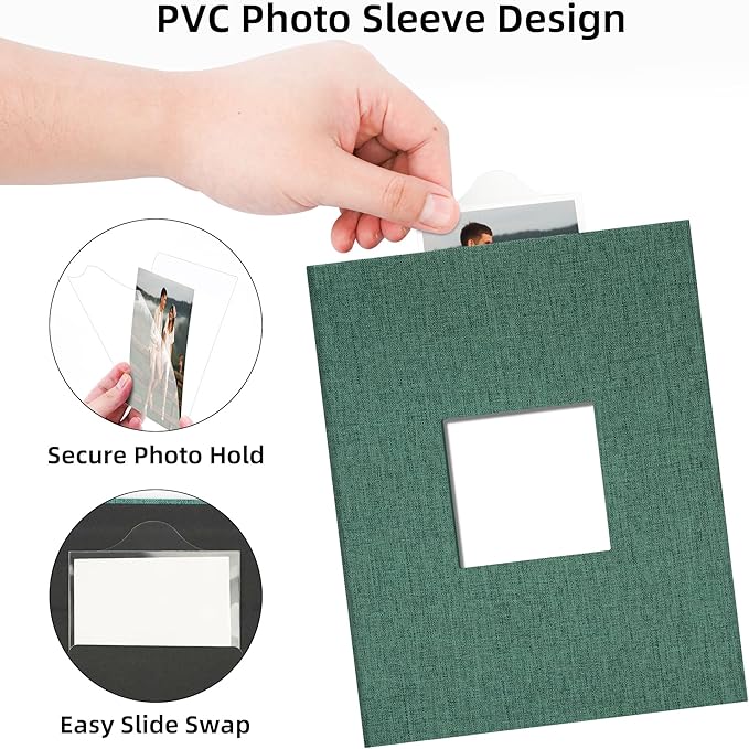 Remowith Cloth Cover Photo Album 4x6 with DIY Square Window Slip in Photo Book for Travel, Wedding, Anniversary 200 Pockets Dark Green