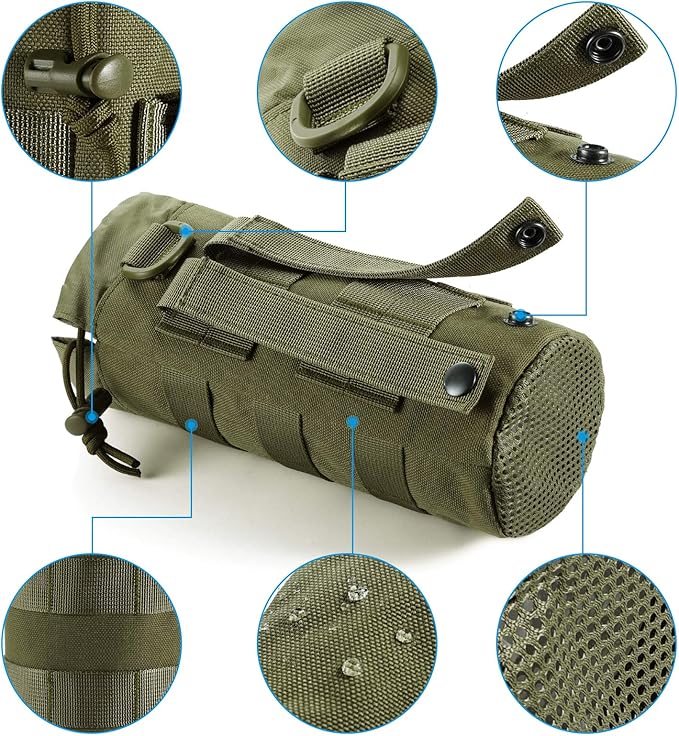 Tactical MOLLE Water Bottle Pouch with Drawstring Open Top & Mesh Bottom, Military Water Bottle Holder Bag Sports Travel Hydration Carrier