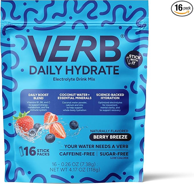 Verb Daily Hydrate Sugar Free Electrolyte Drink Mix - Berry Breeze, Zero Sugar Instant Hydration Packets for Daily Use, Essential Electrolytes Powder for Rehydration, Dehydration Relief, 12 Pack