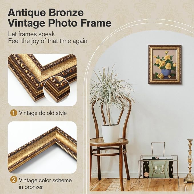 8x10 Gold Picture Frame, 2 Pack Ornate Vintage Picture Frames for Wall or Tabletop Display, 8x 10 Photo Frame Gold with Real Glass, Display Poster 5x7 with Mat or 8x10 without Mat for Antique Déco