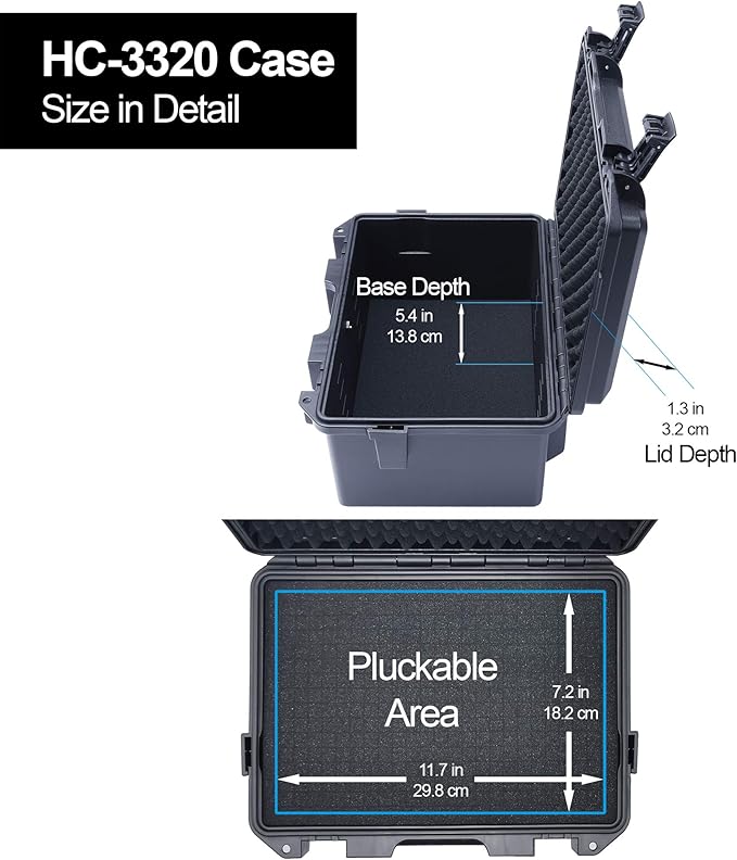Lykus HC-3320 Waterproof Hard Case with Customizable Foam Insert, Interior Size 12.99x8.27x6.89 in, Suitable for camera,lens,drone,mic,flashlight,battery,electronics,tools,and more