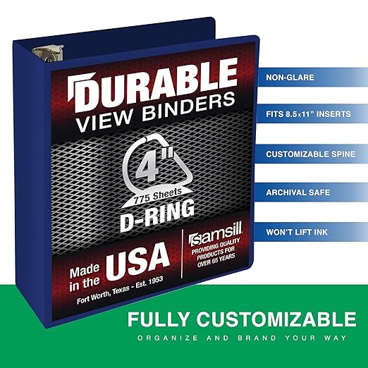Samsill Durable 4 Inch Binder, Made in The USA, Locking D Ring Binder, Customizable Clear View Cover, Dark Blue, Holds 775 Pages
