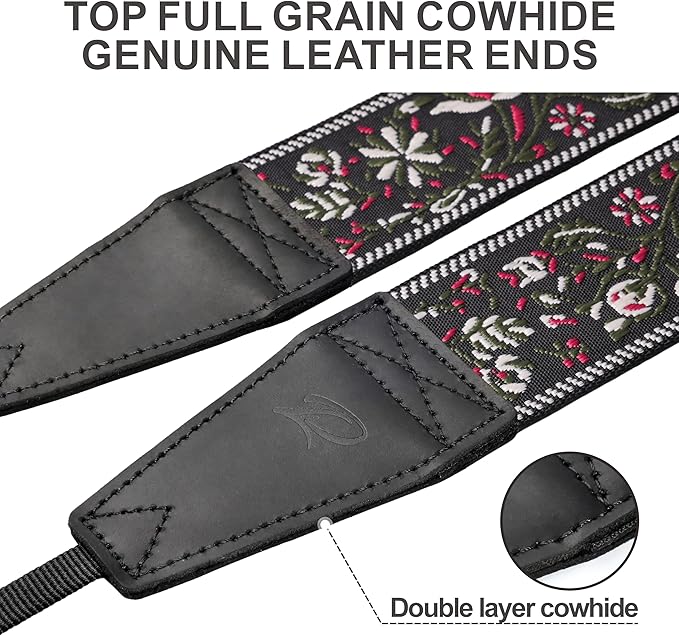 Padwa Lifestyle Camera Strap - 2" Full Grain Leather Ends Camera Straps for Photographers, Vintage Embroidered Cotton Weave Soft Strap Quick Release fits All Cameras