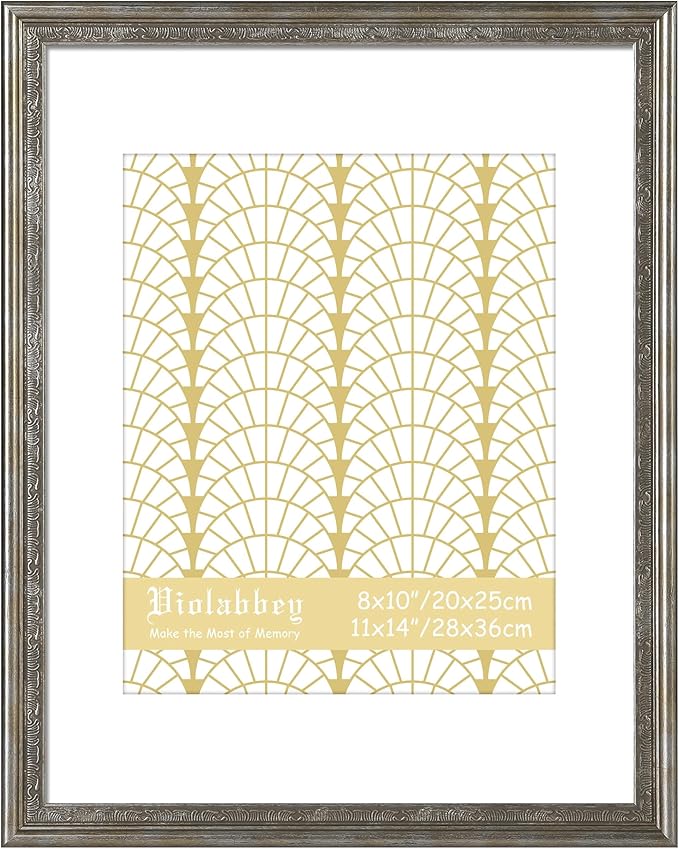 VIOLABBEY 11x14 Silver Picture Frame, Display 8x10 Photo with Mat or 11x14 without Mat, Ornate Vintage 11 x 14 Frame for Wall Decor or Tabletop Display, Silver