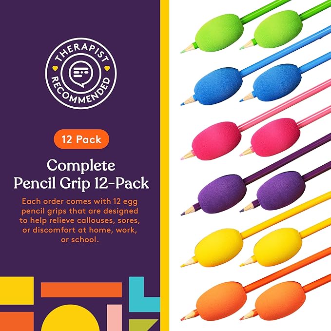 Special Supplies Egg Pen-Pencil Grips for Kids and Adults Colorful, Cushioned Holders for Handwriting, Drawing, Coloring - Ergonomic Right or Left-Handed Use - Reusable (12-Pack)