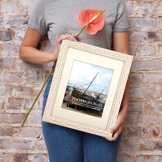 11x14 in Distressed Wood Off-white Vintage Antique Farmhouse Picture Frame, Museum Grade Off White Mat 8x10, Real Glass Protection, Wall Hanging Photo Display, Washed White