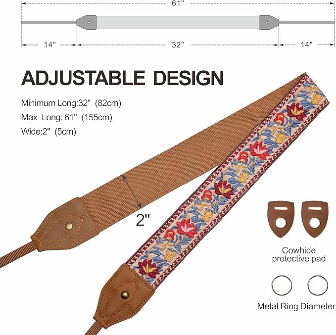 Padwa Lifestyle 2" Wide Classic Crazy Horse Art Cowhide Head Camera Strap - Jacquard Embroidery Floral Vintage Camera Straps for Photographers Gift, Adjustable Shoulder Neck Strap Fits DSLR Cameras