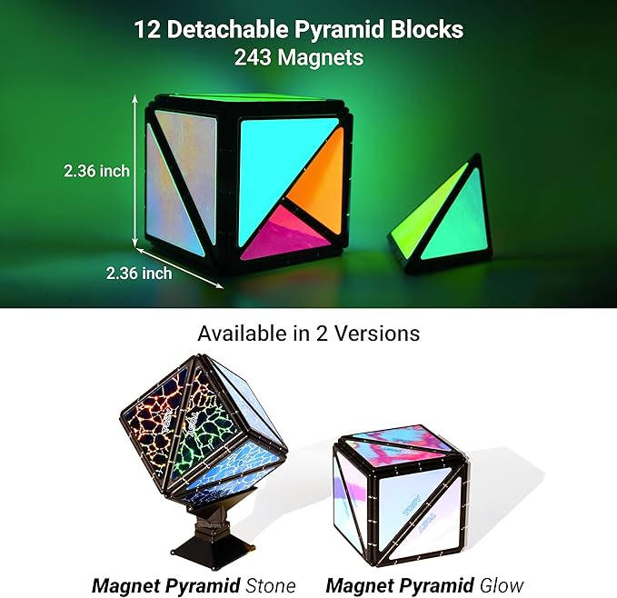 TOSY Magnet Pyramid Glow - 1 Cube Transforms into 1 Billion Shapes (Bunny, Egg Basket, Flowers, Heart), Easter Valentine Gift, 12 pcs, 243 Magnets, Glowing, Holographic Design, Puzzle/STEM Toy, 3-pack