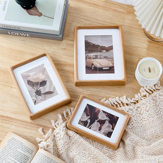 TEYCLZORE 4x6 Natural Wood Picture Frame, Handmade Beech Wood Photo Frame, Display 3x4 Picture with Mat or 4x6 Without Mat, Tabletop Display and Wall Hanging