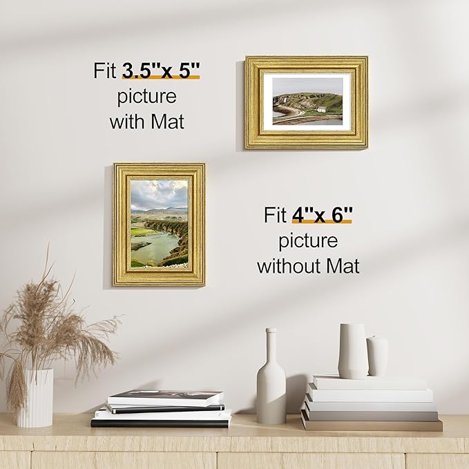Vittanly 4x6 Picture Frames Set of 2, Ornate Vintage Photo Frame for Wall or Tabletop, Display 3.5x5 Pictures with Mat or 4x6 without Mat, Rustic Gold