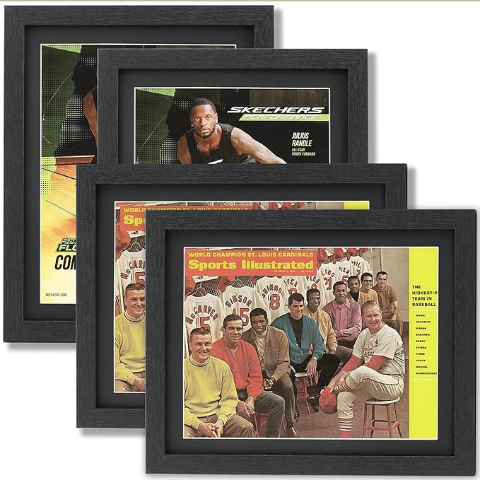 JupDec Sports Magazine Frame 4 Pack, Premium Wood Display Case for 8" x 10.5" Magazines, Wall Mount or Tabletop Stand, Layered Design with Positioning Mat, Perfect for Sports, Fashion & Home Decor