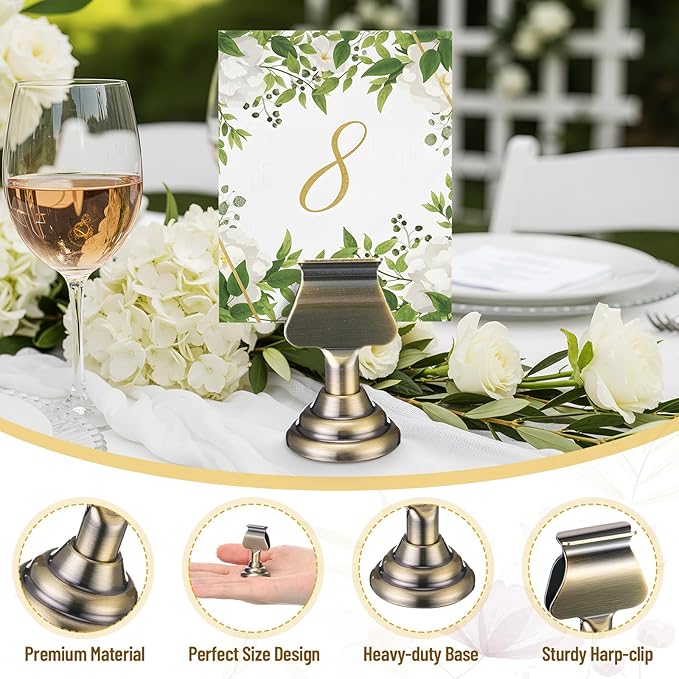 Kathfly 24 Pcs Metal Table Number Holders 1.7 inch Bronze Mini Place Card Holders Bulk Harp-clip Table Sign Stands Card Holder Display Picture Memo Notes Menu for Weddings Restaurants Birthday Decor