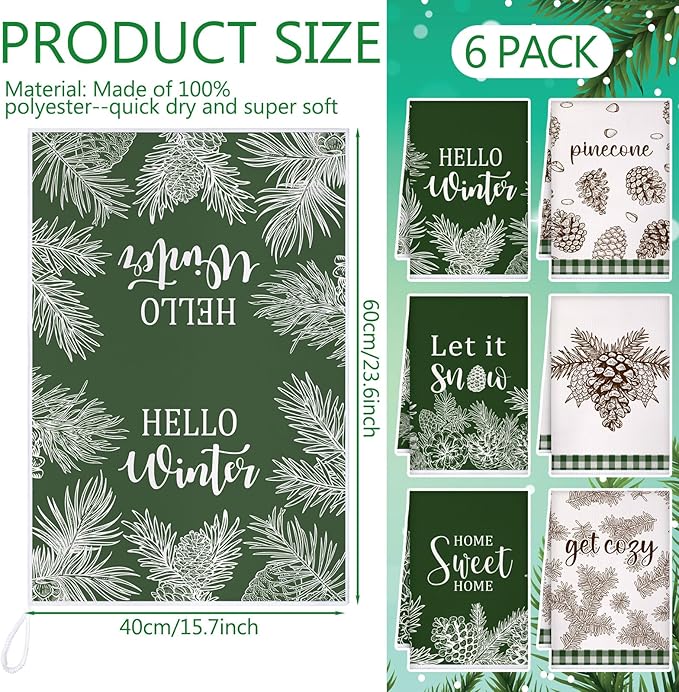 Preboun 6 Pcs Christmas Kitchen Towels Winter Hand Towels Pine Cones Pine Needles Dish Cloth Xmas Decorative Farmhouse Tea Cloth Absorbent for Holiday Kitchen Bathroom Decor