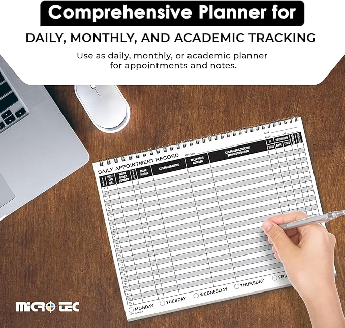 MICRO TEC Daily Appointment Record Log Books – 8.5" × 11" Spiral Bound Planner – Durable 90# Paper Notebook for Auto Repair Shops, Service Advisors & Daily Tracking - 100 Pages/Book (Book of 2)