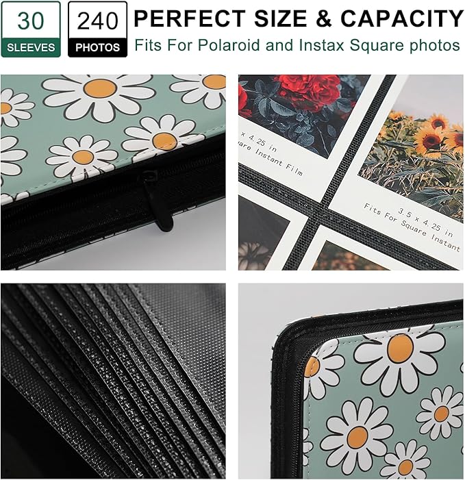 240 Pockets Portable Binder Photo Album Book For i-Type Square Polaroid Photos and Instax Wide Film Pictures (Daisy)