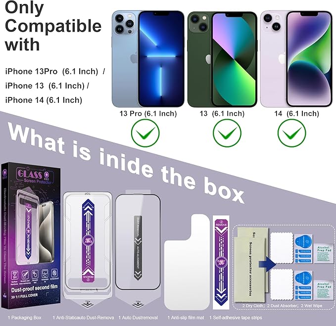 CHISHA 2-Pack Screen Protector Tempered Glass for iPhone 14 and iPhone 13 and iPhone 13 Pro 6.1-Inch, Auto Dust Removal, No Bubbles, High Definition Clear, Easy Installation