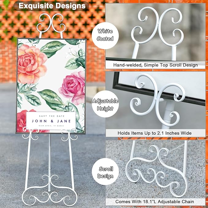 Metal Floor Standing Display Easel, 56" H White Decorative Scroll Easel Stand for Sign Wedding Picture Frame, with Chain Support