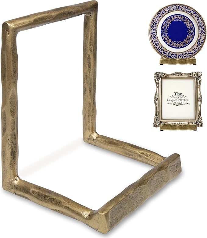 BEGINS Plate Stands for Display Hand-Forged, Solid Vintage 8-Inch Plate Display Stand, Decorative Metal Plate Holder for Book, Platter, Plaque, Photo Frame, Tabletop Art (Gold)