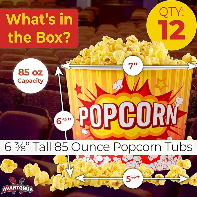 Greaseproof, Retro 85oz Popcorn Buckets 12 Pack. Durable Pop Corn Tubs in Red Yellow. Large Disposable Containers Perfect For Movie Night, Theme Party, Theater, Carnivals & Fundraisers