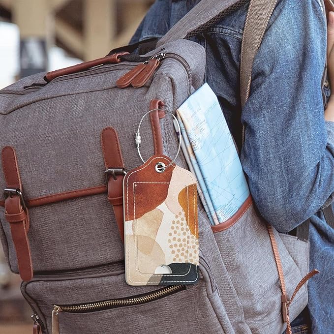 Luggage Tags for Suitcase, 4 Pack PU Leather Travel Cruise Luggage Tag with Privacy Flap, Name ID Label and Metal Loop for Women Men Girls Suitcase Baggage Bag Backpack, Boho Abstract Stone