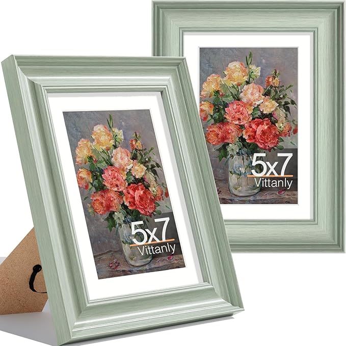 Vittanly 5x7 Picture Frames Set of 2, Ornate Vintage Photo Frame for Wall or Tabletop, Display 4x6 Pictures with Mat or 5x7 without Mat, Light Green