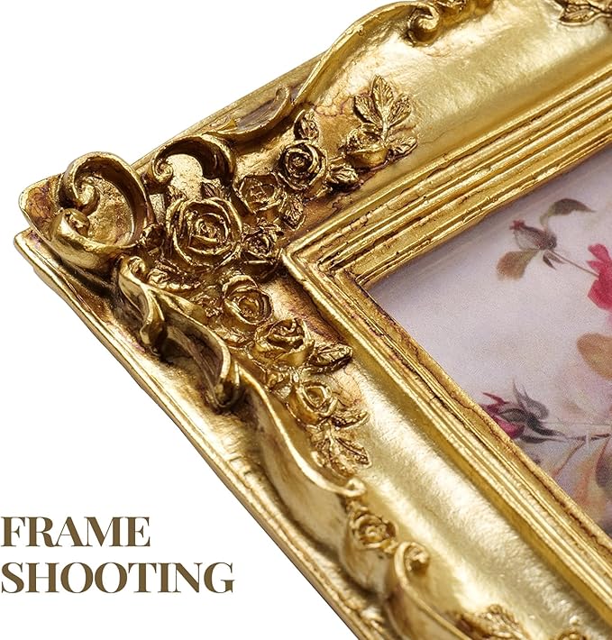 Cuspin Ornate Gold Picture Frame 4x4, Vintage Square Resin Photo Frame with Rose Floral Carvings, Glass Front, Tabletop Easel & Wall Mount (Horizontal/Vertical), Fits 4x4 Photo