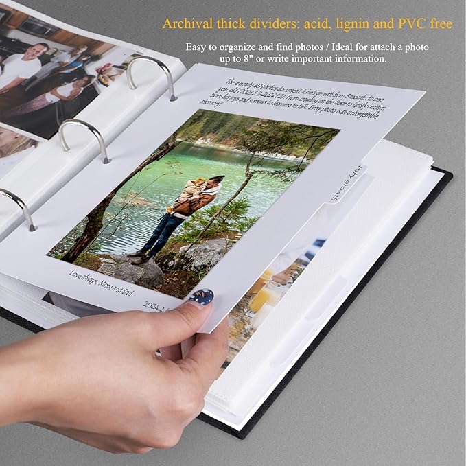 1DOT2 Photo Album 4x6 Photos Hold 200 or 5x7 Pictures Hold 100, 3 Ring Binder Photo Albums Linen Cover with 6-Tab Index Dividers Photo Book Acid Free Albums 4x6 5x7 for Family Wedding Baby (Black)