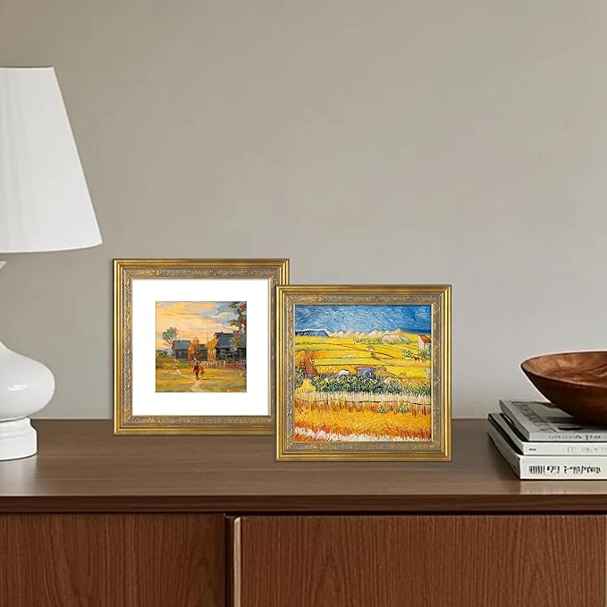 VIOLABBEY 6x6 Matte Gold Picture Frame, Display 4x4 Photo with Mat or 6x6 without Mat, Ornate Vintage 6 x 6 Matte Gold Frame for Wall Decor or Tabletop Display