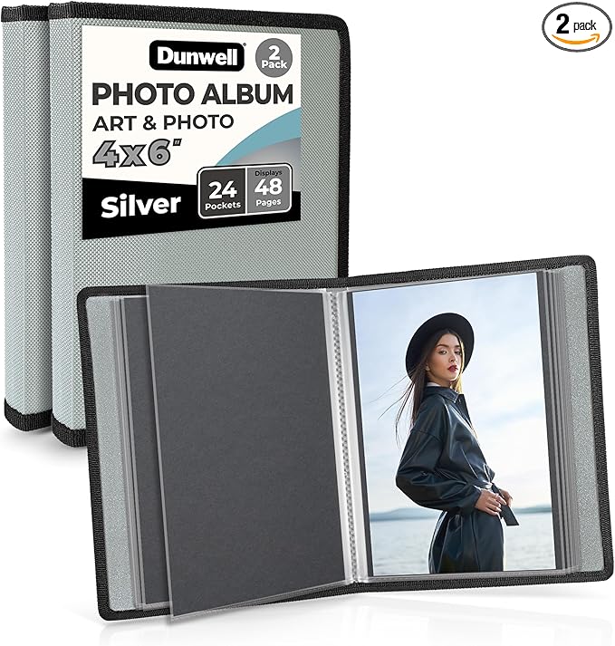 Dunwell Small Photo Album 4x6 with Black Mounting Paper (2-Pack, Silver), 4 x 6 Photo & Art Portfolio Presentation Book, Each Shows 48 Pages, Professional Mini Picture Book for Artwork, Postcards