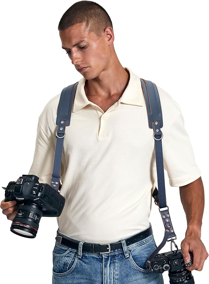 Padwa Lifestyle Blue Dual Camera Harness for Two Cameras - Wide Strap with Thick Shoulder Padded,Full Grain Leather Double Harness,Multi Camera Gear for DSLR Strap for Photographers