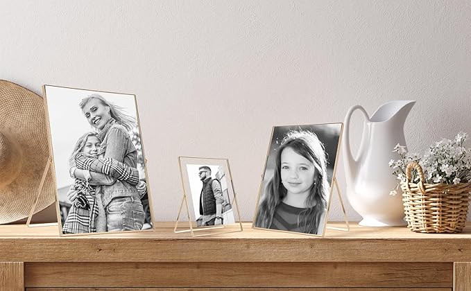Gold 5x7'' Floating Frame Set of 2, For Photo Sizes (3.5 x5'', 4x 6'' up to 5x7'' ), Beautiful Metal Lace Edge Frames Adjustable Tabletop/Shelf Photo Frame, Classy Gift Choice for Wedding,