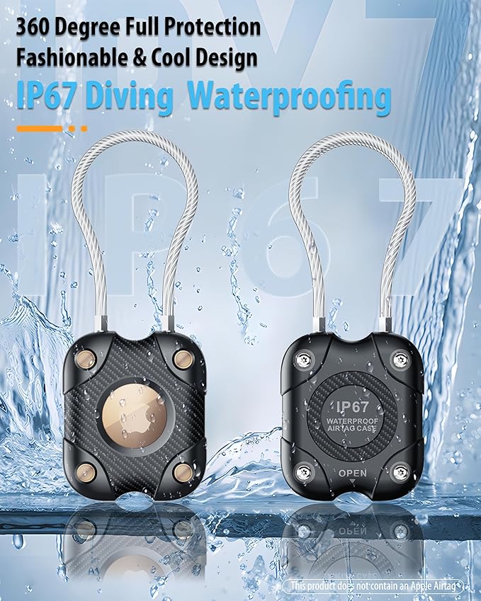 2 Pack Airtag Holder with Wire Cable, Secure Lock Airtag Keychain,IPX7 Waterproof,360°Hard Protective Air Tag Case Holder for Apple Air tag for Key Chain,Key Ring,Car,Luggage