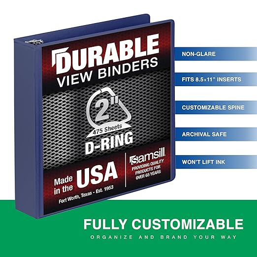 Samsill Durable 2 Inch Binder, Made in The USA, D Ring Binder, Customizable Clear View Cover, Midnight Blue, Holds 475 Pages